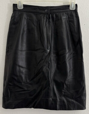 Vintage REAL Black Leather Skirt Solid Women Size 6